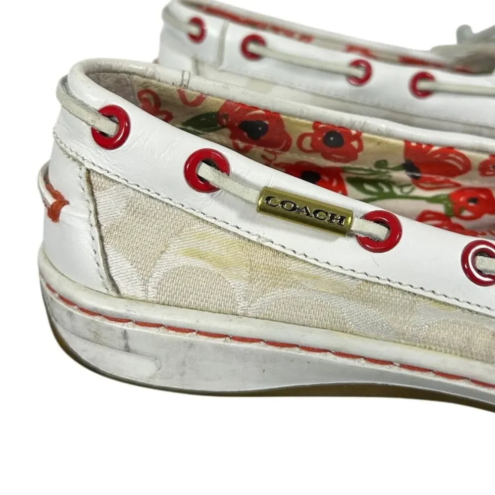 Preowned COACH boat shoe slip on- Sz 6M some overall wear- beige with red accent